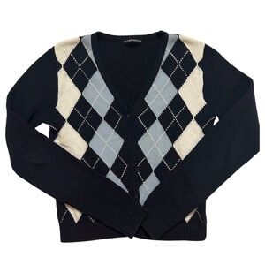 Brandy Melville Black and Cream Argyle Cardigan